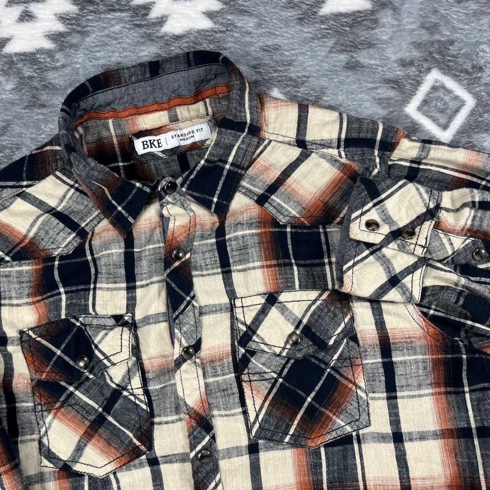 BKE Mens Plaid Flannel Shirt Orange Blue Pearl Snap Western Standard Fit Medium